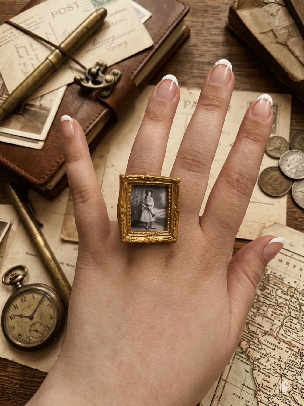 Gold Frame - Annie Oakley Portrait - Miniature Art - Adjustable Ring